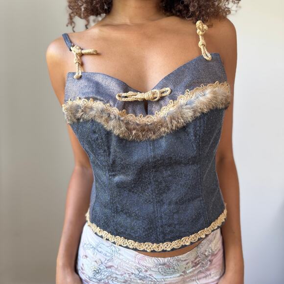 Vintage Italian Denim Corset Top with Fur Trim & Lace-Up Back (M) - Picture 4 of 11